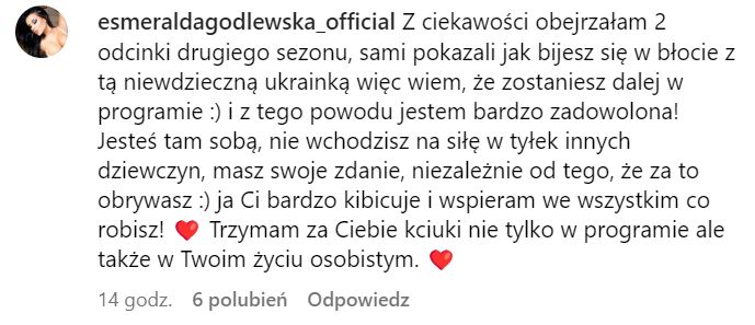 Komentarz Esmeraldy Godlewskiej na Instagramie