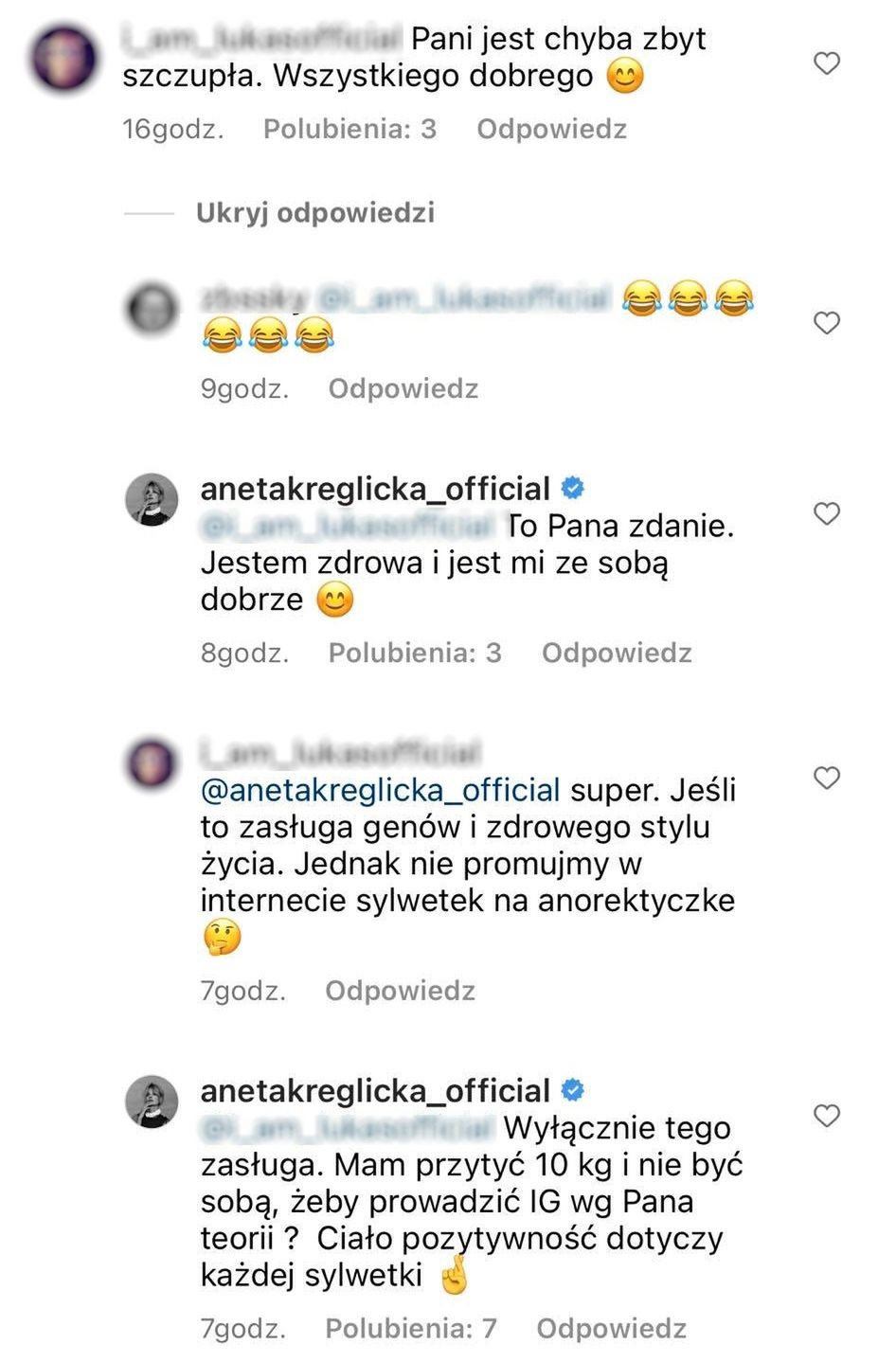 Aneta Kręglicka dyskutuje z wytykającym jej zbyt szczupłą sylwetkę internautą