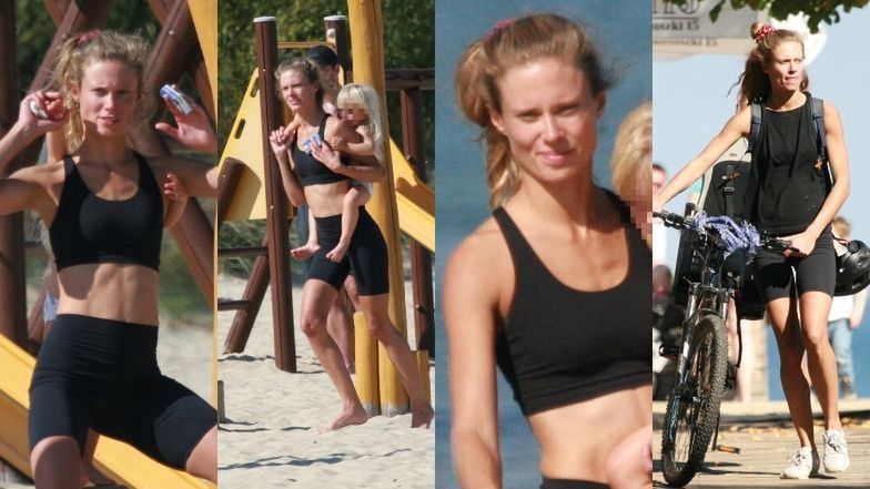Julia Pietrucha dokazuje z córką na plaży