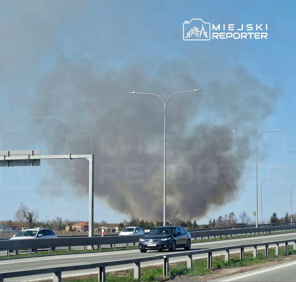 Gęsty dym unoszący się nad terenem w pobliżu drogi, w tle widoczne samochody na jezdni oraz zabudowania.