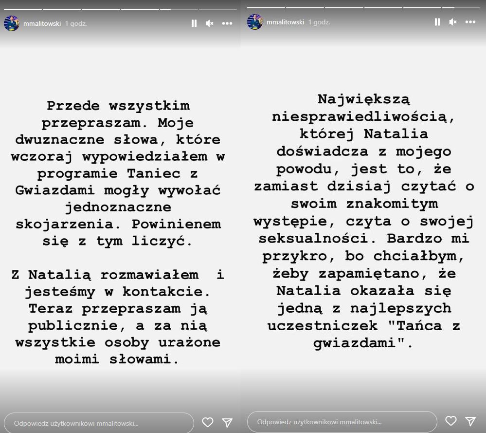 Michał Malitowski publicznie przeprosił Natalię Jaroszek