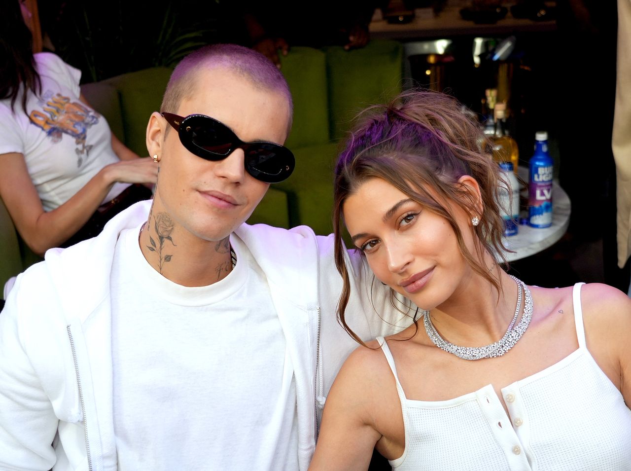 INGLEWOOD, CALIFORNIA - FEBRUARY 13: Justin Bieber and Hailey Bieber attend Super Bowl LVI at SoFi Stadium on February 13, 2022 in Inglewood, California. (Photo by Kevin Mazur/Getty Images for Roc Nation)