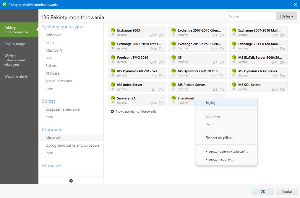 Ustawienia pakietów monitorowania.