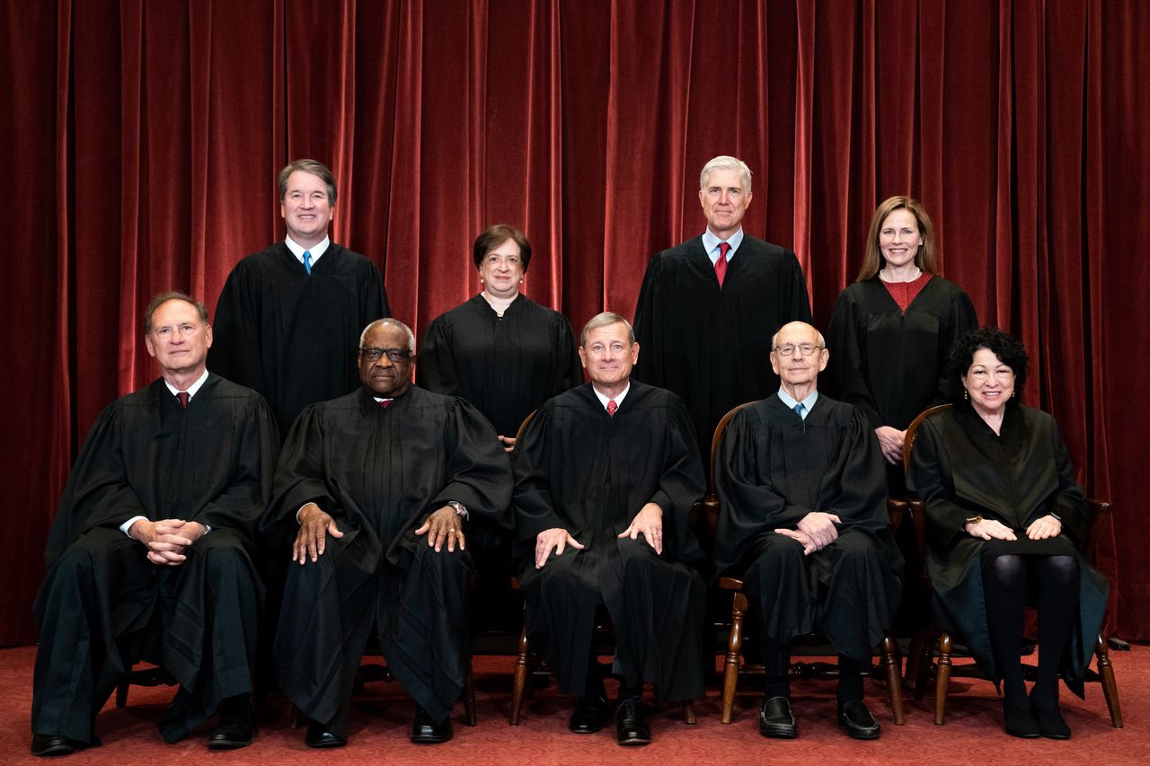 Justices of the U.S. Supreme Court during a formal group photograph at the Supreme Court in Washington, D.C., U.S., on Friday, April 23, 2021. 