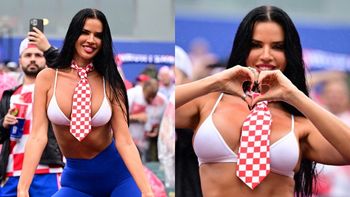 Zalotna Ivana Knoll w kusym staniku i patriotycznym krawacie dopinguje Chorwatów na meczu. Duma narodowa? (FOTO)