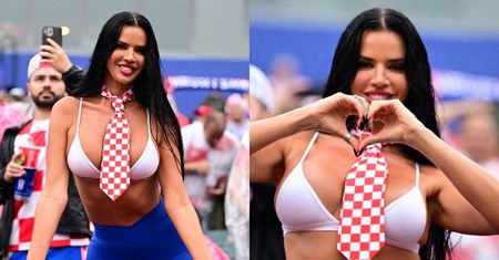 Zalotna Ivana Knoll w kusym staniku i patriotycznym krawacie dopinguje Chorwatów na meczu. Duma narodowa? (FOTO)