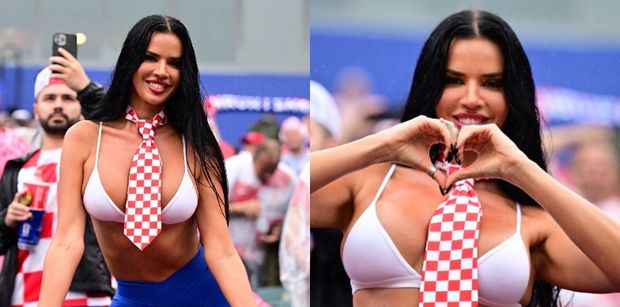 Zalotna Ivana Knoll w kusym staniku i patriotycznym krawacie dopinguje Chorwatów na meczu. Duma narodowa? (FOTO)