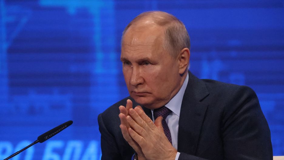 MOSCOW, RUSSIA - MARCH,16 (RUSSIA OUT) Russian President Vladimir Putin gestures during the congress of Russian Union of Industrialists and Entrepreneurs (RSPP), March,16,2023, in Moscow, Russia. Putin met top Russian businessmen and billionaires to talk about economic problems resulting from the santions and military invasion of Ukraine. (Photo by Contributor/Getty Images)
