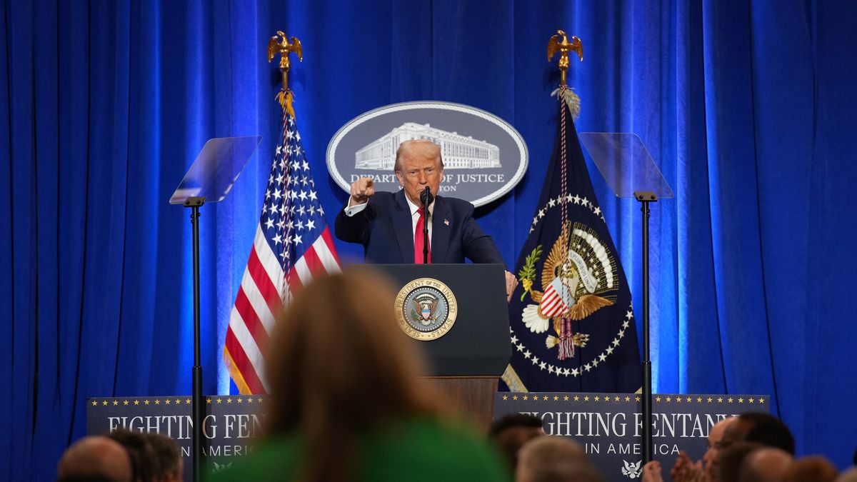 WASHINGTON, DC - MARCH 14: U.S. President Donald Trump gestures while speaking at the Justice Department March 14, 2025 in Washington, DC. As he has used the department to punish enemies, Trump is expected to deliver what the White House calls a law-and-order speech and outline steps he will take to counter “weaponization” of the department. (Photo by Andrew Harnik/Getty Images)