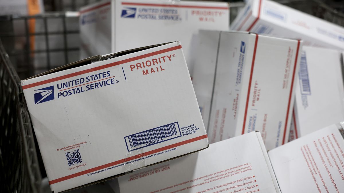 OPA-LOCKA, FLORIDA - DECEMBER 17: Packages sit in a bin as the U.S. Postal Service prepares them for delivery at the Royal Palm Processing and Distribution Center on December 17, 2024 in Opa Locka, Florida. The processing center handles about 650,00 packages every day of the week during the busy gift-giving season. December 21st is the last day to give a package to the postal service to have it delivered for Christmas. (Photo by Joe Raedle/Getty Images)