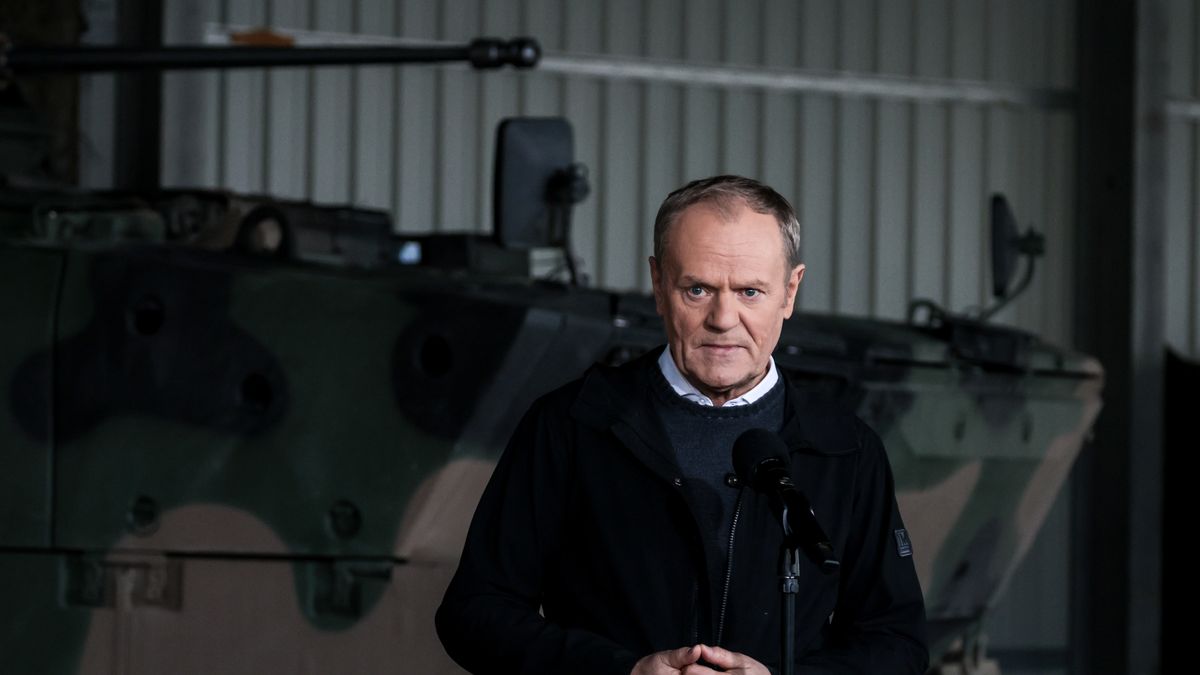 LIPA, POLAND - 2026/02/23: Prime Minister of Poland Donald Tusk speaks during a press conference during a meeting with the Prime Minister of Norway Jonas Gahr Støre (not in view) in an armed forces training camp to initiate a tight military cooperation. Camp Jomsborg is a new training camp located in Poland and run by Norwegian military forces. Among other responsibilities it will train Ukrainian soldiers. (Photo by Dominika Zarzycka/SOPA Images/LightRocket via Getty Images)