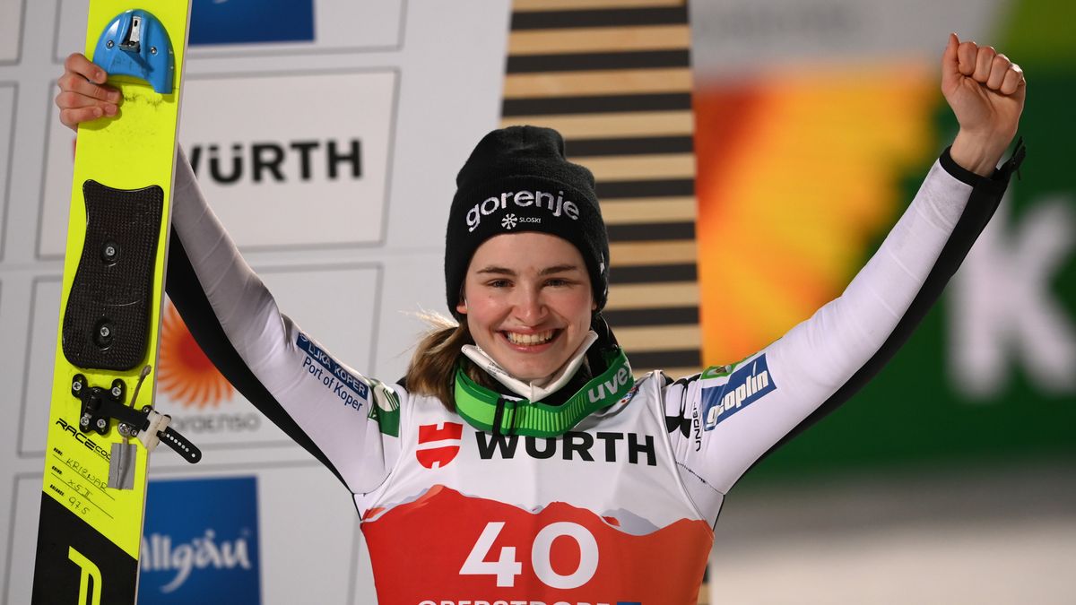 OBERSTDORF, GERMANY - MARCH 03: Bronze medalist Nika Kriznar of Slovenia celebrates during the flower ceremony for the Women's Ski Jumping HS137 competition at the FIS Nordic World Ski Championships Oberstdorf on March 03, 2021 in Oberstdorf, Germany. (Photo by Matthias Hangst/Getty Images)