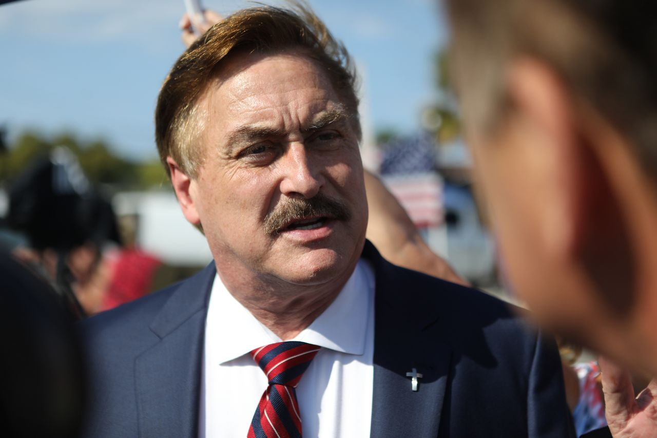 WEST PALM BEACH, FL - APRIL 04: MyPillow Guy CEO Mike Lindell arrives at a gathering of supporters of former U.S. President Donald Trump near Trump's residence at the Mar-a-Lago Club on April 4, 2023 in West Palm Florida. Trump pleaded not guilty in a Manhattan courtroom today to 34 counts related to money paid to adult film star Stormy Daniels in 2016, the first criminal charges for any former U.S. president.  (Photo by Octavio Jones/Getty Images)