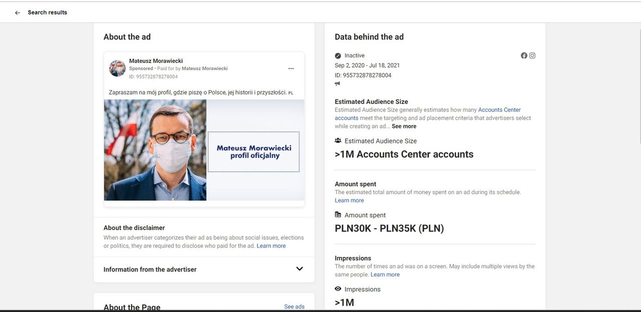 Biblioteka reklam Facebooka. Najwięcej - od 30 do 35 tys. zł premier zapłacił za promocję postu, w którym zapraszał do śledzenia swojego profilu.