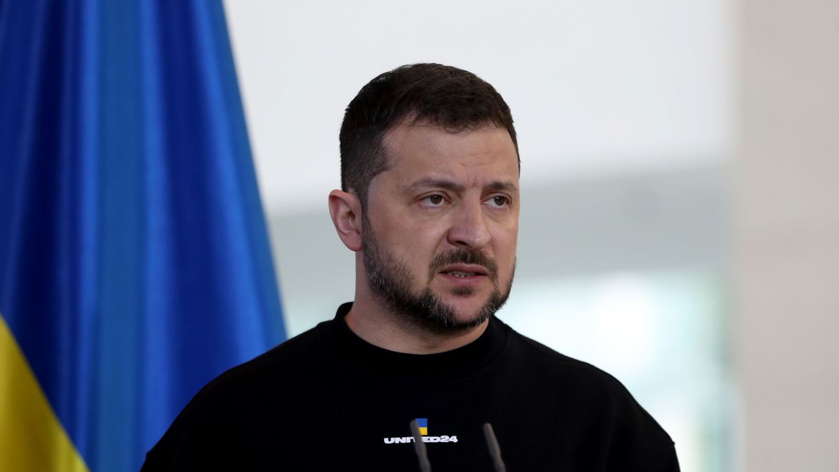 BERLIN, GERMANY - MAY 14: Ukrainian President Volodymyr Zelenskyy and Germany's chancellor Olaf Scholz (not seen) hold a joint press conference after their meeting in Berlin, Germany on May 14, 2023. (Photo by Cuneyt Karadag/Anadolu Agency via Getty Images)