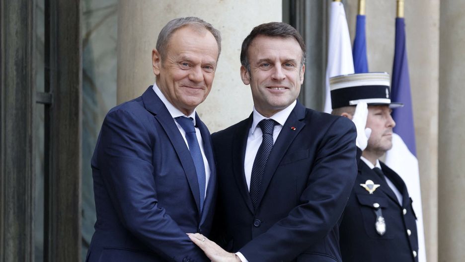 Temporary
French President Emmanuel Macron welcomes Poland's Prime Minister Donald Tusk before a meeting at the Elysee Palace in Paris, on Fabruary 12, 2024. (Photo by Ludovic MARIN / AFP)
LUDOVIC MARIN
