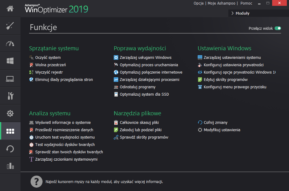 Dostępne narzędzia w podziale na kategorie.