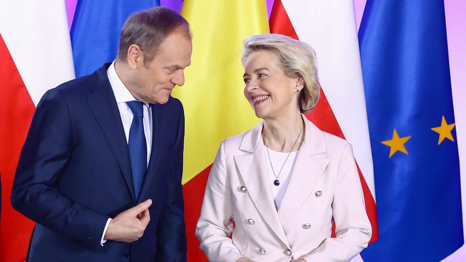 Ursula von der Leyen, the President of European Commission, and Donald Tusk, Prime Minister of Poland, are seen before a bilateral meeting in the Prime Minister Chancellery on February 23, 2024 in Warsaw, Poland. The chairwoman of the EU executive arrived to announce that up to 137 billion euros of EU funds, currently blocked for Poland, will be released by the College of Commissioners next week. (Photo by Beata Zawrzel/NurPhoto via Getty Images)