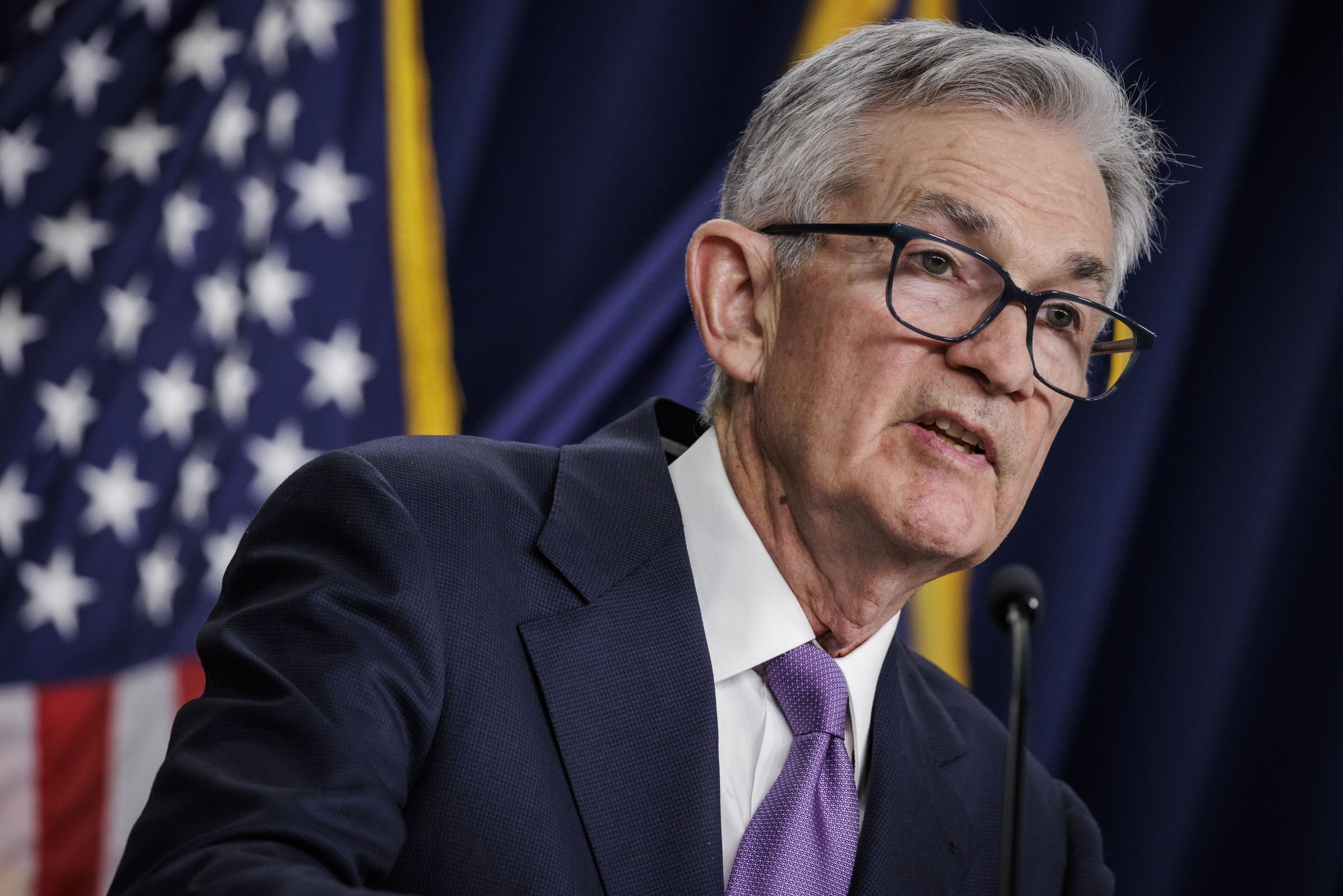 Jerome Powell, chairman of the US Federal Reserve, speaks during a news conference following a Federal Open Market Committee (FOMC) meeting in Washington, DC, US, on Wednesday, Dec. 13, 2023. The Federal Reserve held interest rates steady for a third meeting and gave its clearest signal yet that its aggressive hiking campaign is finished, forecasting a series of cuts next year. Photographer: Samuel Corum/Bloomberg via Getty Images