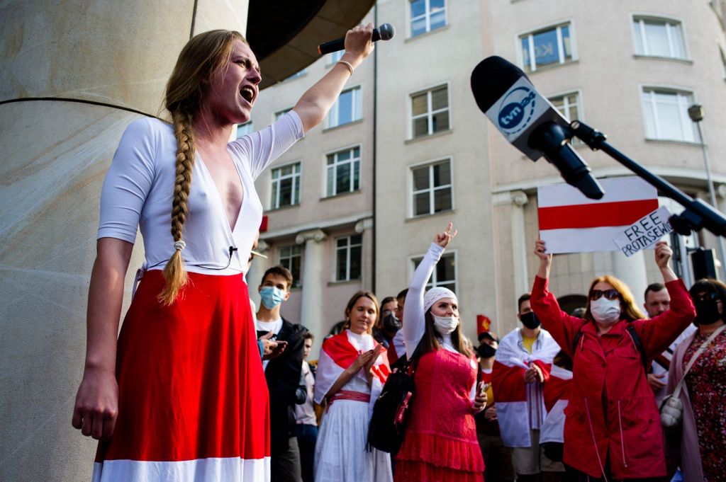 Belarusian Exiles In Poland ProtestLarge number of Belarusians and Poles gathered in Warsaw in a protest against Belarussian president Lukashenko after his authorities forced Ryanair plane to land in Minsk and detained opposition journalist Raman Pratasevich, now accussed of terrorism. The plane was during a fly over, on a route from Athenst to Vilnus, Lithuania. Belarus used Mig-29 fighter, and alleged bomb threat on board to force it to land. The protest took place next to European Commission HQ in Warsaw, requesting EU to react. On May 24th, 2021 in Warsaw, Poland. (Photo by Piotr Lapinski/NurPhoto via Getty Images)NurPhotobialorus, ciechanouska, eu, jana szostak, lukashenko, lukaszenka, pratasevich, protasiewicz, raman pratasevich, raman pratasiewicz, raman protasevich, raman protasiewicz, ratasiewicz, roman protasevich, ryanair athens vilnus, ryanair flight 4978, siarhiej cichanouski, sviatlana tsikhanouskaya, svietlana ciechanouska, tsikhanouskaya, belarisian flag, bialorus flaga, bialoruska flaga, demonstracia, demonstration, flaga bialorusi, flight 4978, jasna warszawa, komisja europejska, michal szczerba, minuta krzyku, posel szczerba, solidarity with belarus, solidarnosc z bialorusia, szczerba, ul. jasna, unia europejska