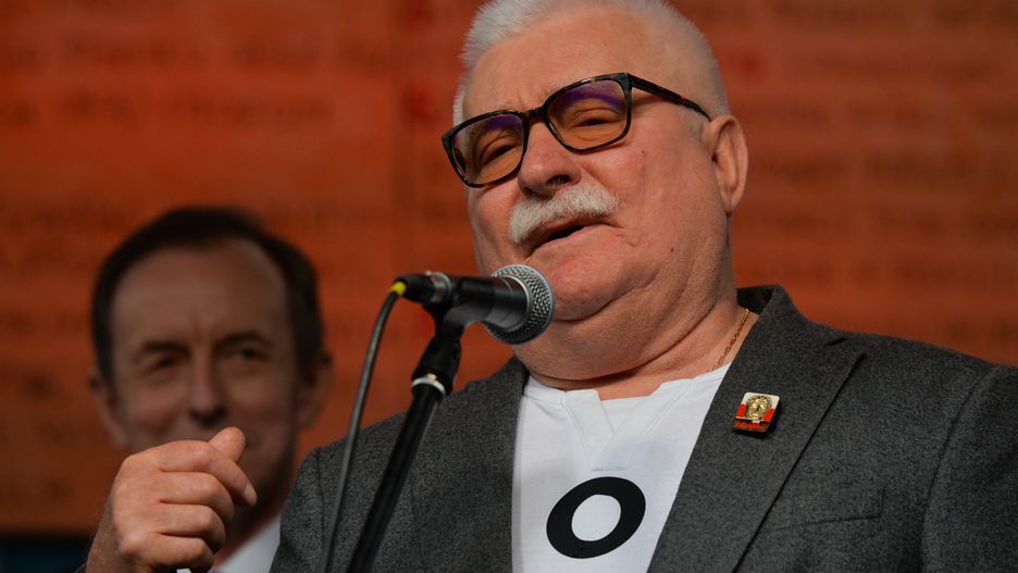 Lech Walesa, co-founder and former head of Solidarity (Solidarnosc), the Soviet bloc's first independent trade union, addresses the crowd next to Gdansk Shipyard Gate number 2, on the 40th anniversary of the Gdansk Agreement, which allowed the Solidarity trade union to be established. 
OnAugust 31, 2020, in Gdansk, Poland. (Photo by Artur Widak/NurPhoto via Getty Images)