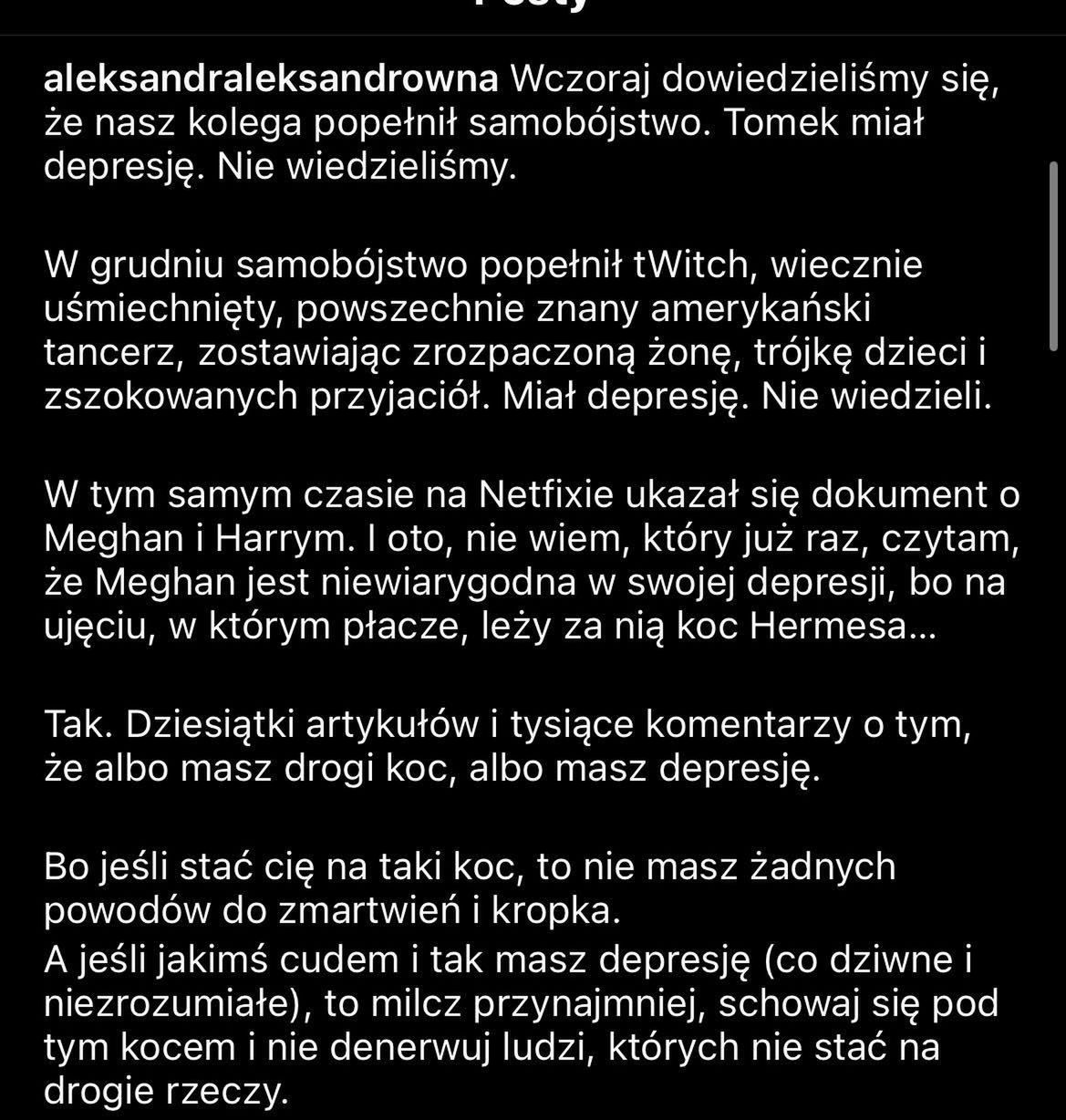 Poruszający wpis Aleksandry Kwaśniewskiej