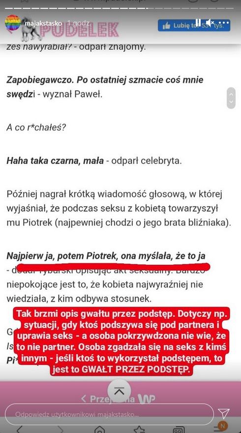 Maja Staśko sugeruje, że zachowanie  braci Tyburskich nosi znamiona gwałtu
