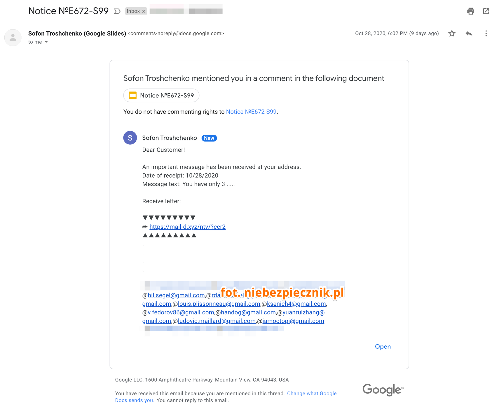 Wiadomość e-mail będąca autentycznym powiadomieniem z Prezentacji Google, tutaj w języku angielskim, fot. Niebezpiecznk.