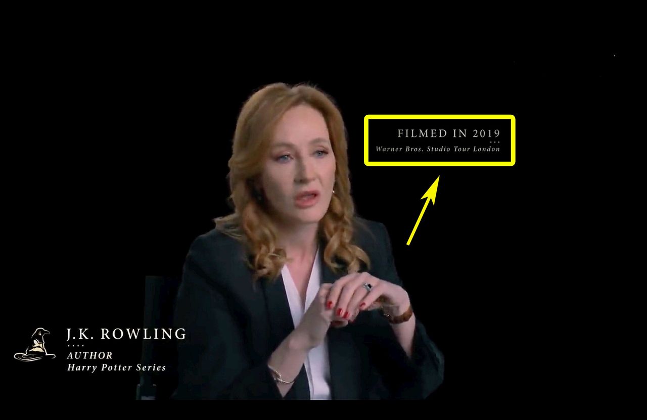 Informacja o dacie nagrania klipu z J.K. Rowling jest wyraźnie eksponowana w filmie