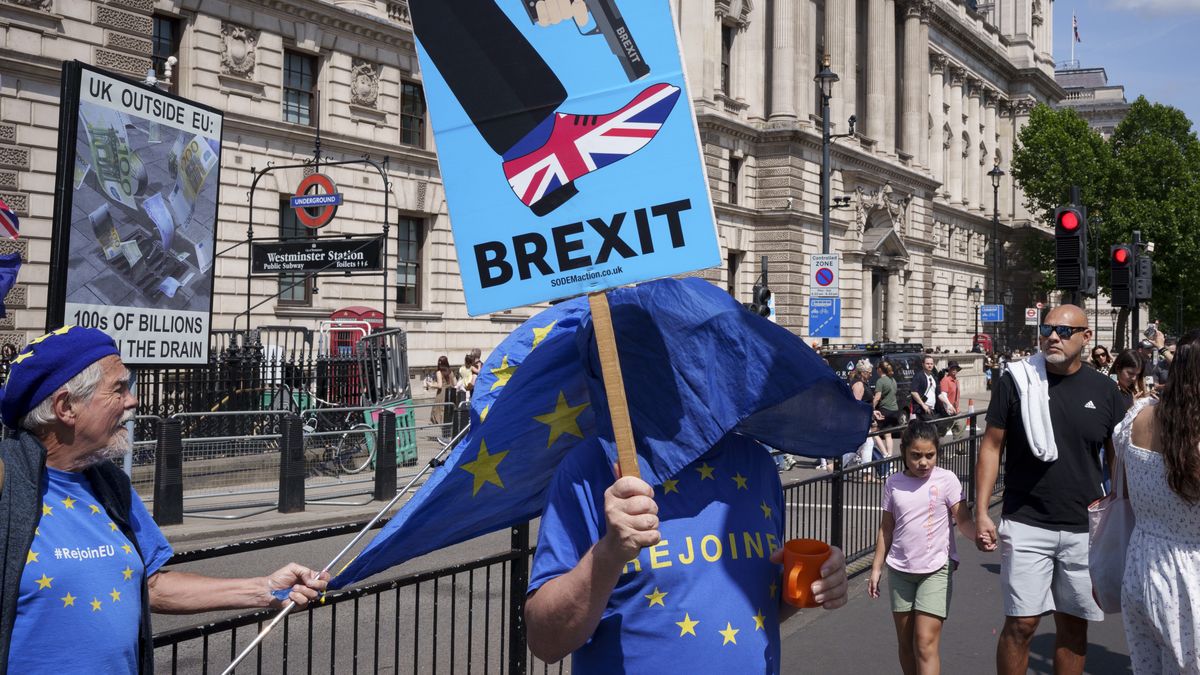 Pro-Europe Rejoin The EU Protest
Pro-Europe campaigners and tourists during the regular anti-Brexit 'rejoin the EU' protest at the junction of Parliament Street and Parliament Square in Westminster, on 18th June 2025, in Westminster, London, England. (Photo by Richard Baker / In Pictures via Getty Images)
Richard Baker
sovereignty, sw1, movement, heat, british, spending, whitehall, hot, sodem, visitors, london, eu, holidays, british isles, great britain, political, rejoin, united kingdom, britain, tourists, hot weather, free speech, heatwave, group