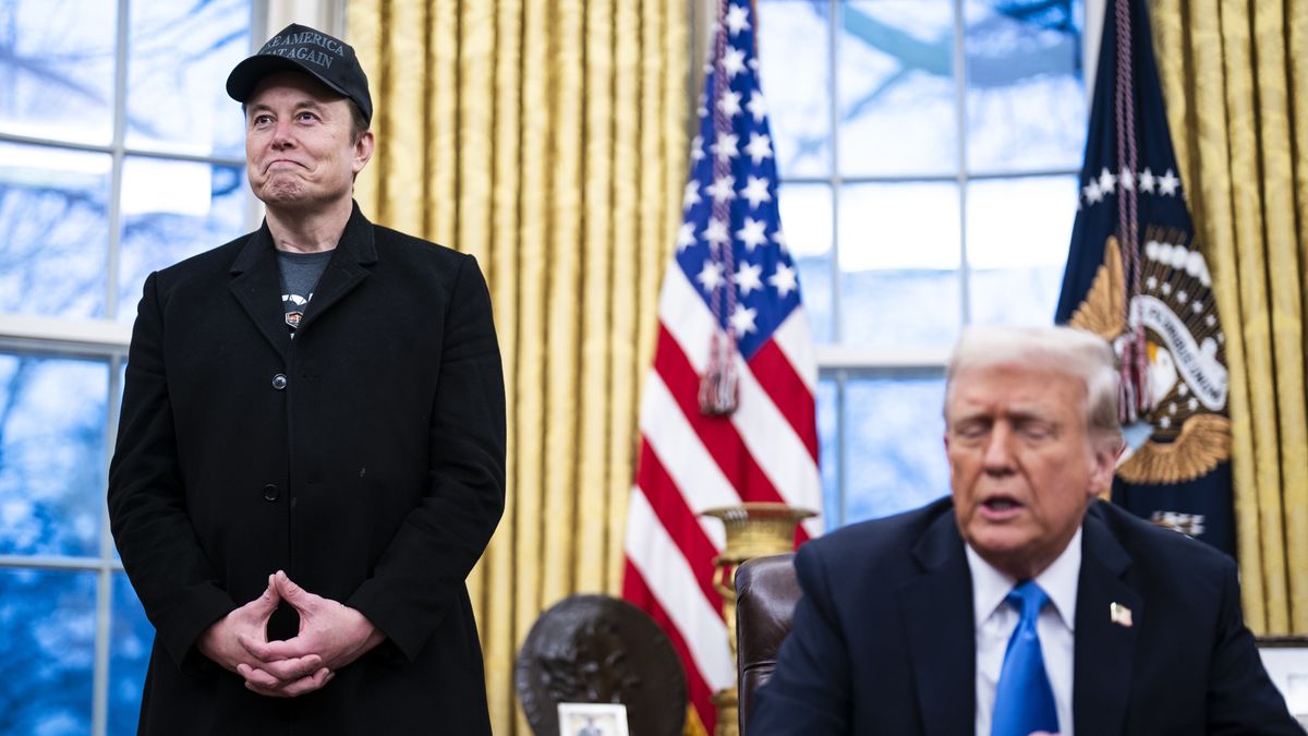 Washington, DC - February 11 : Elon Musk speaks with President Donald J Trump and reporters in the Oval Office at the White House on Tuesday, Feb 11, 2025 in Washington, DC. (Photo by Jabin Botsford/The Washington Post via Getty Images)
