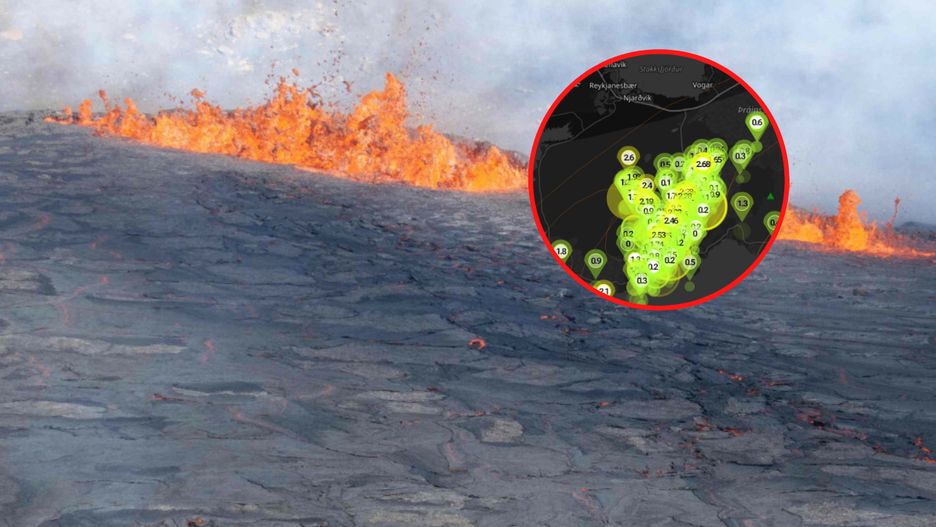 Erupcja wulkanu w okolicach Grindaviku w 2022 roku i punktami oznaczone trzęsienia ziemi z ostatnich sześciu godzin w okolicach miasta
