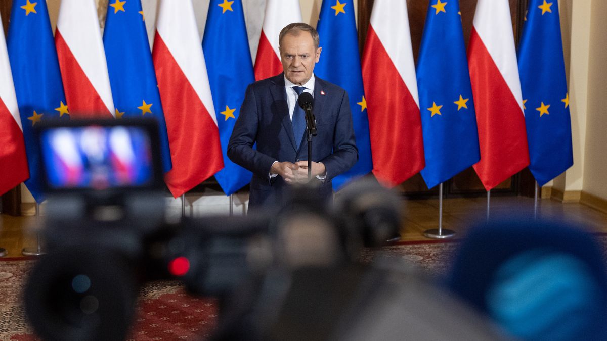 Polish Prime Minister Donald Tusk is speaking during a press conference after a government meeting in Warsaw, Poland, on January 3, 2024. (Photo by Foto Olimpik/NurPhoto via Getty Images)