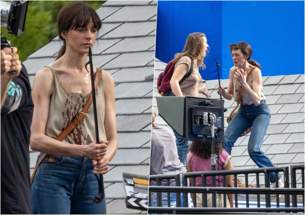 Anne Hathaway on the set of "Flowervale Street"