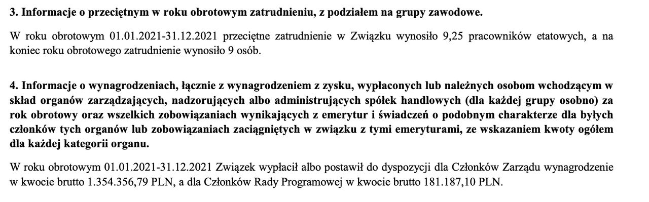 1,3 mln zł - takie wynagrodzenie otrzymał zarząd Związku w 2021 roku. Wynika to wprost z opublikowanego sprawozdania finansowego 