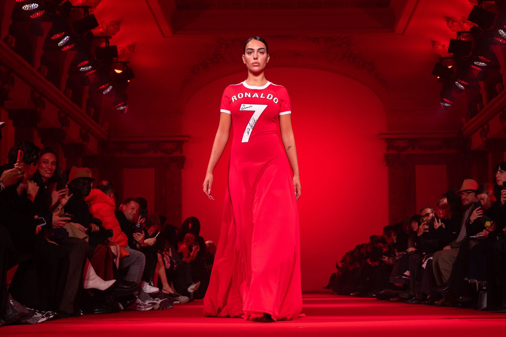 PARIS, FRANCE - MARCH 01: (EDITORIAL USE ONLY - For Non-Editorial use please seek approval from Fashion House) Georgina Rodriguez walks the runway during the Vetements Womenswear Fall/Winter 2024-2025 show as part of Paris Fashion Week on March 01, 2024 in Paris, France. (Photo by Peter White/Getty Images)