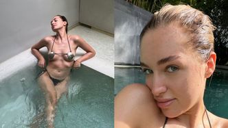Odziana w bikini z muszelek Caroline Derpienski chłodzi ciało w Tajlandii
