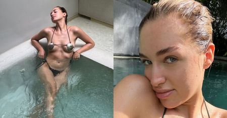 Odziana w bikini z muszelek Caroline Derpienski chłodzi ciało w Tajlandii