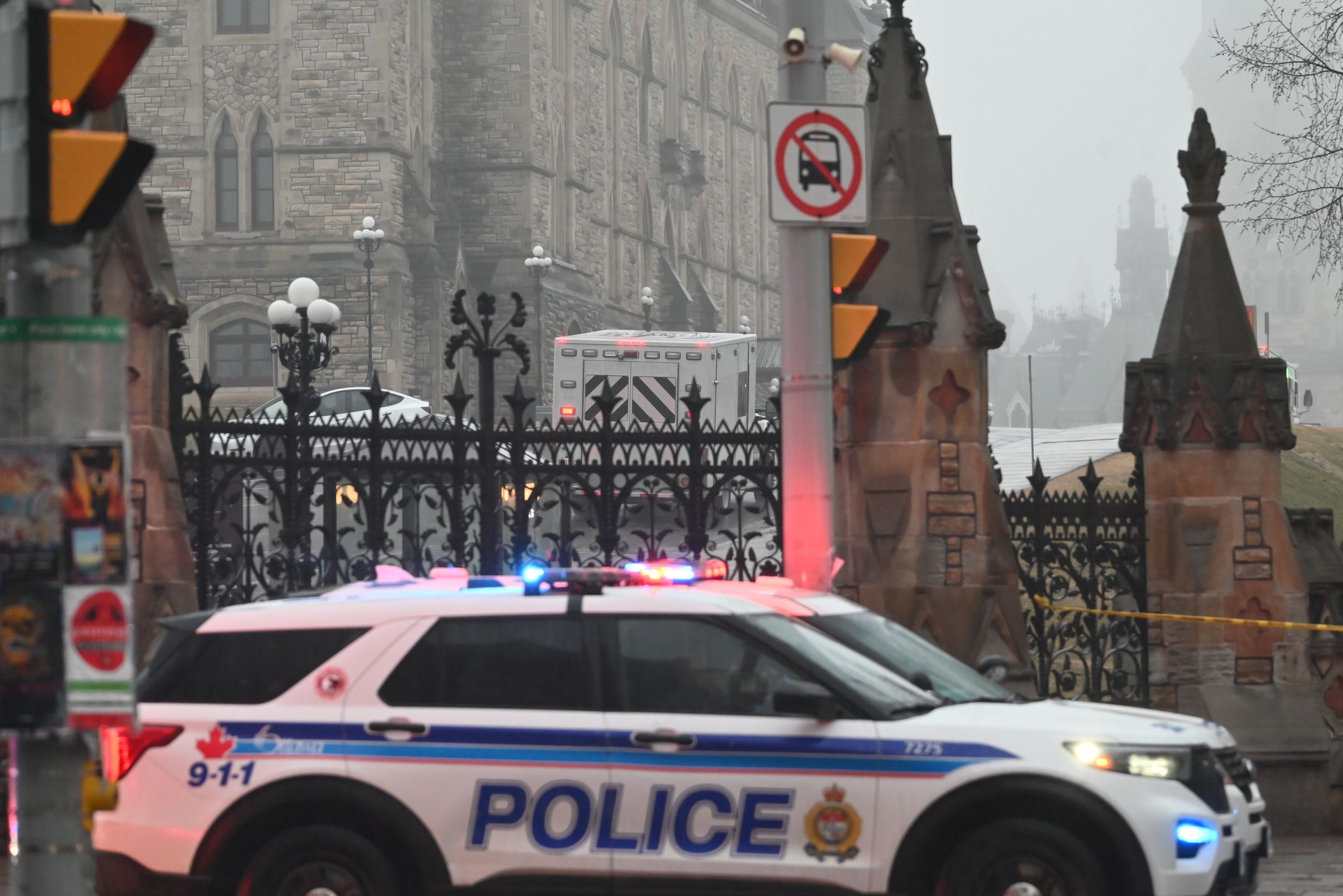 OTTAWA, CANADA - APRIL 5 - Parliament Hill in Ottawa, Canada, was placed on lockdown on Saturday, April 5, 2025, following a barricade situation involving an individual near East Block. Police are actively engaging with the person, and East Block has been evacuated. As of now, no injuries have been reported. The incident, which began shortly before 3 p.m., has led to road closures on Wellington Street between Bank Street and Sussex Drive. Authorities continue to monitor the situation. (Photo by Kyle Mazza/Anadolu via Getty Images)