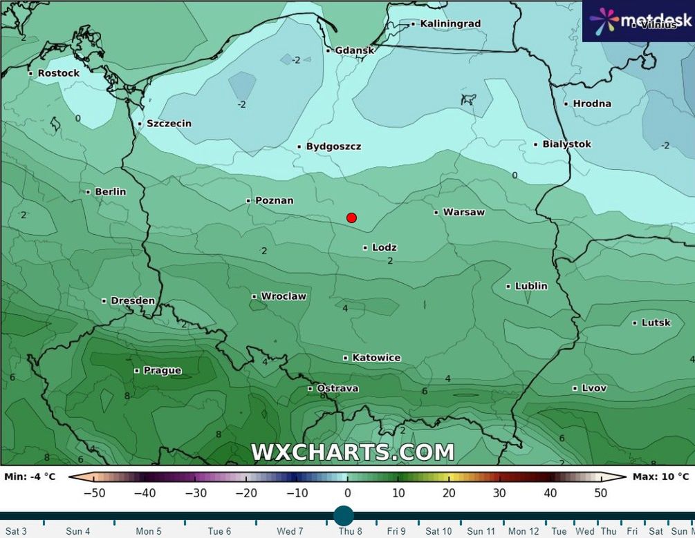 Mapa temperaturowa Polski. Zaznaczono czwartek 8 lutego 2024 r. 