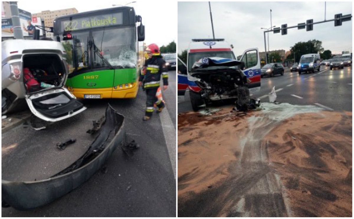 Poznań. Wypadek z udziałem osobówki, karetki i autobusu. Trzy osoby ranne