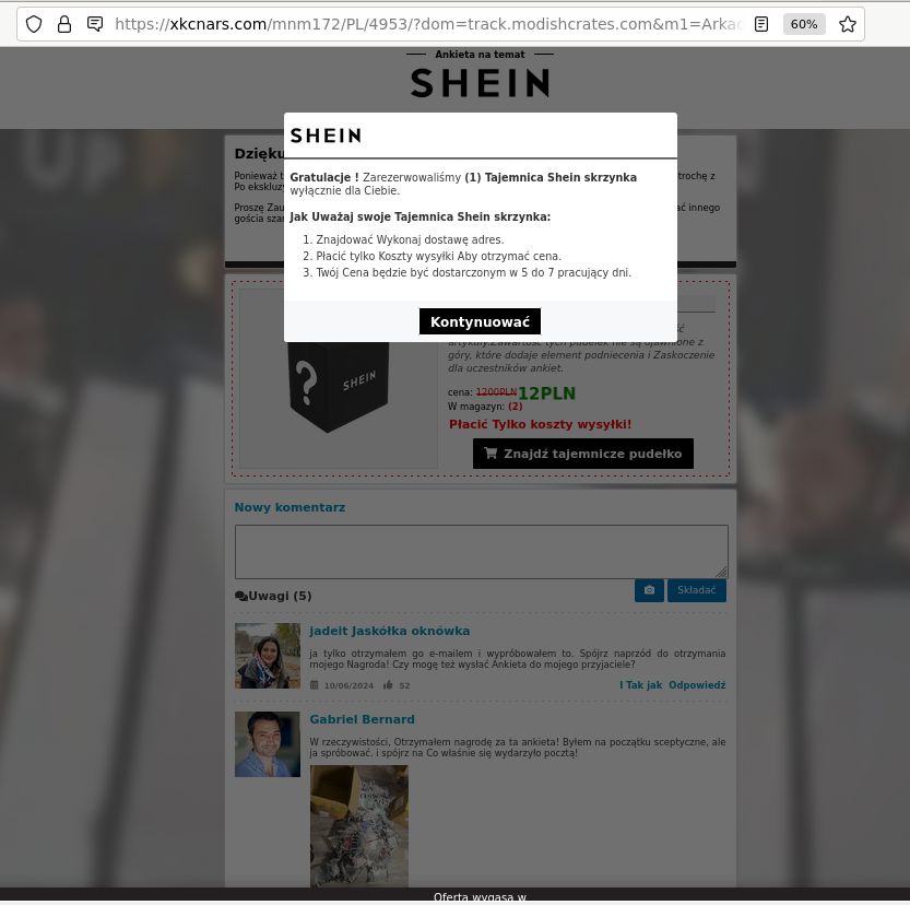 Fałszywa strona z rzekomą promocją Shein