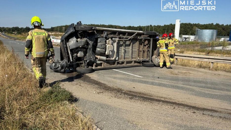 Strażacy w żółtych mundurach oceniają przewrócone auto na drodze, obok widoczne zarośla i asfalt.