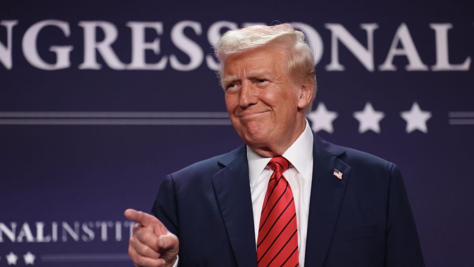 DORAL, FLORIDA - JANUARY 27:  U.S. President Donald Trump acknowledges the crowd before addressing the 2025 Republican Issues Conference at the Trump National Doral Miami on January 27, 2025 in Doral, Florida. The three-day planning session was expected to lay out Trump's ambitious legislative agenda. (Photo by Joe Raedle/Getty Images)