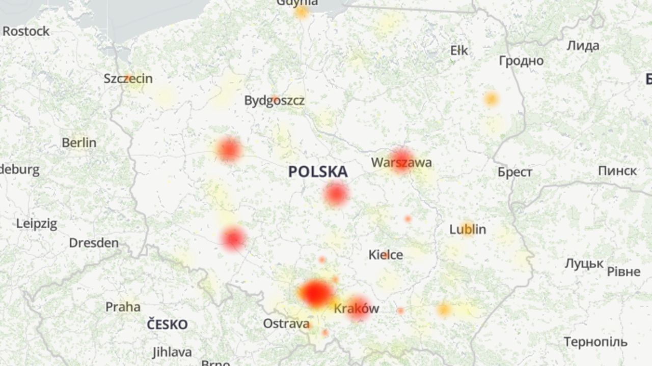 Mapa zgłoszeń problemów z ING (29 sierpnia 2023)