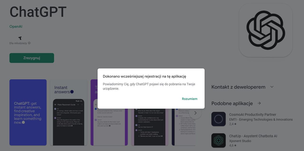 ChatGPT w sklepie Google Play