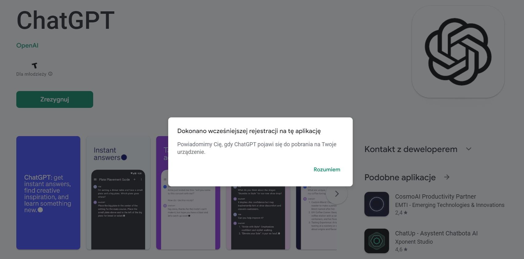 ChatGPT w sklepie Google Play