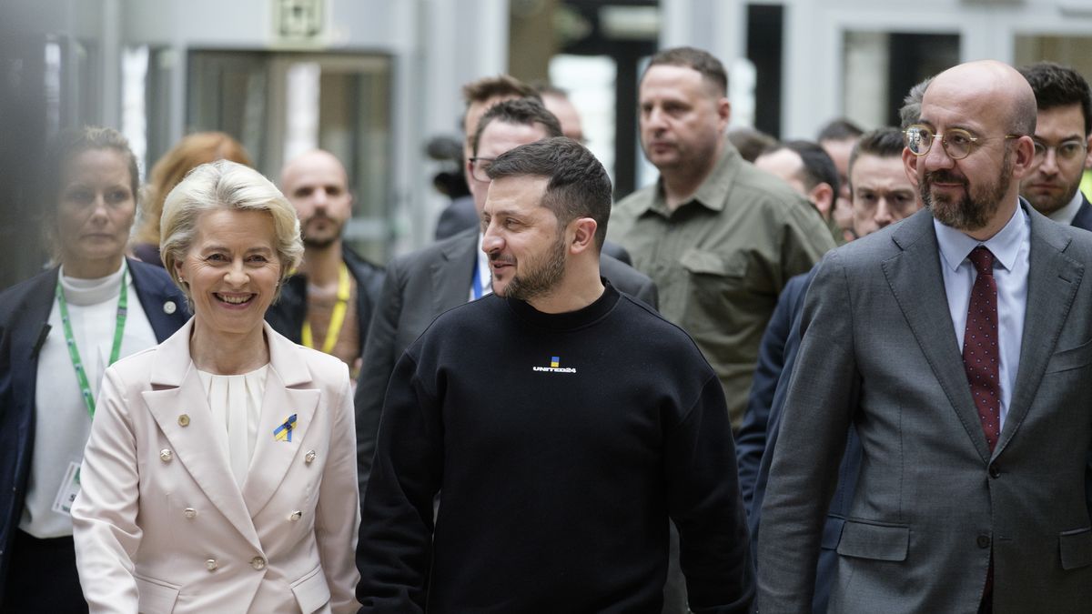 BRUSSELS, BELGIUM - FEBRUARY 9: President of the European Commission Ursula von der Leyen (L), the President of Ukraine Volodymyr Zelenskyy (C) and the President of the European Council Charles Michel (R) leave after a Visit by the Ukrainian President to the EU on February 9, 2023 in Brussels, Belgium. President of Ukraine Volodymyr Zelensky began a surprise mini-European tour on February 8, his second trip abroad since the outbreak of the war on February 24, 2022 after his visit to the United States in December. The Ukrainian president is due to meet European Council President Charles Michel on February 9, pleading to his allies to deliver combat planes to Ukraine "as soon as possible", Volodymyr Zelenskyy is expected at the Brussels summit after his visits to London and Paris. (Photo by Thierry Monasse/Getty Images)