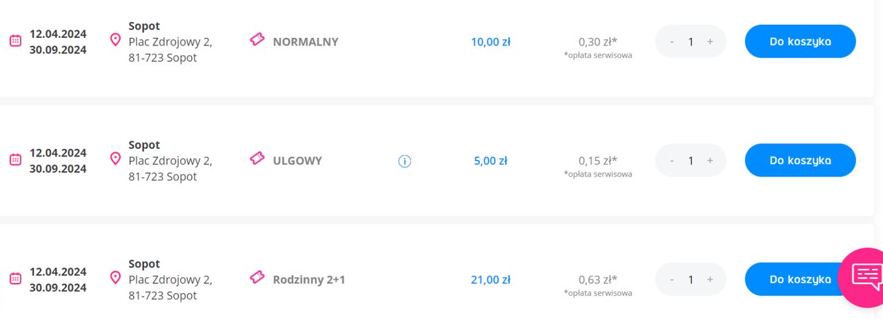 Przykładowe ceny biletów wstępu na sopockie molo (screen tobilet.pl)