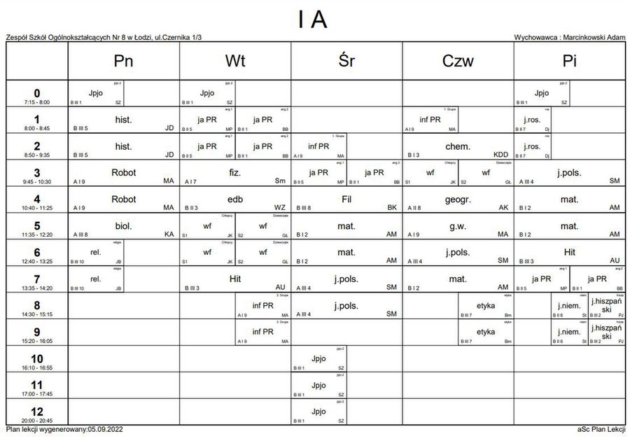 Plan zajęć w 47 LO w Łodzi